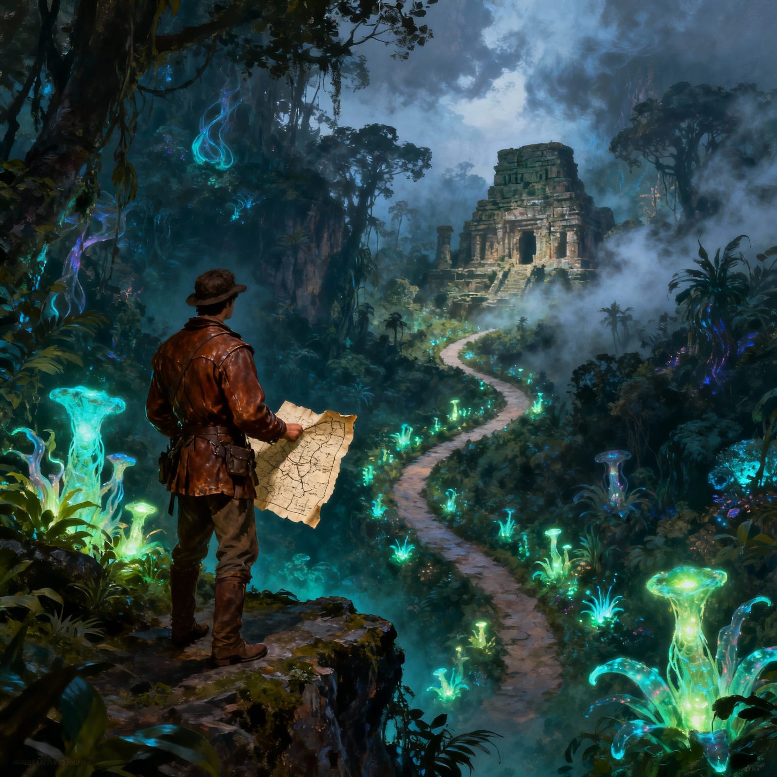 Explorer Faces Glowing Jungle Path