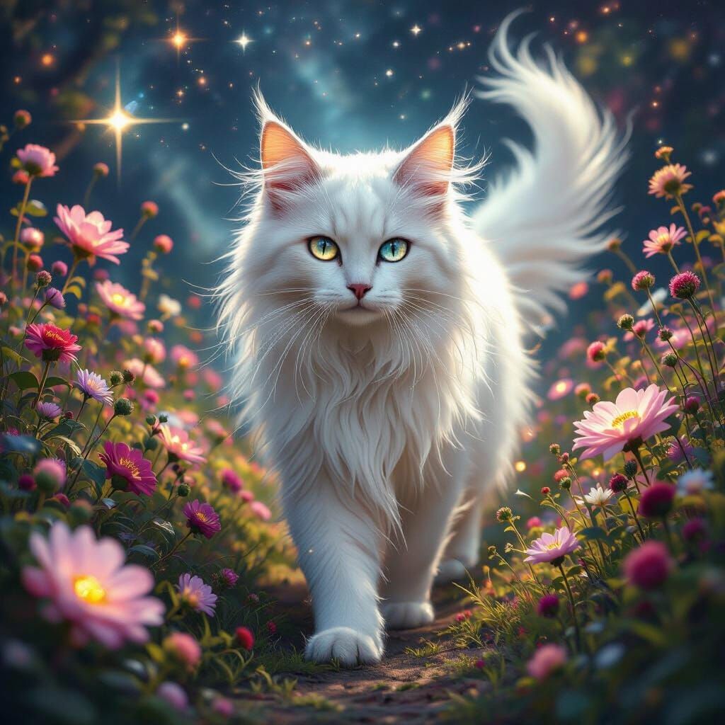 Ethereal Moonlit Cat in Cosmic Star Garden