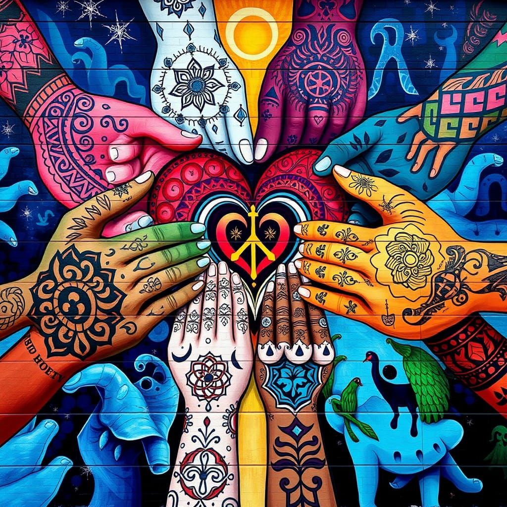 Unity Mural: Diverse Hands Forming Heart in Abstract Style