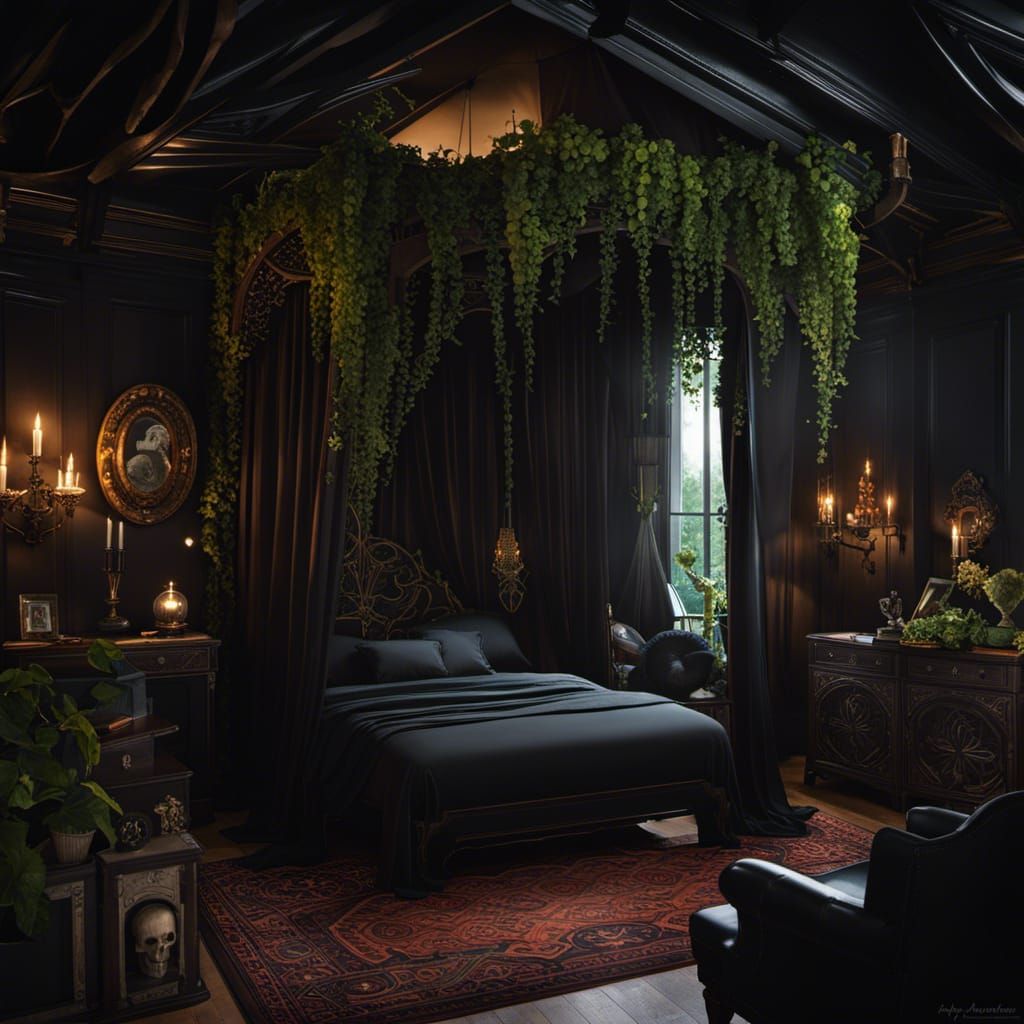 Lovecraftian Bedroom with Skulls and Ivy