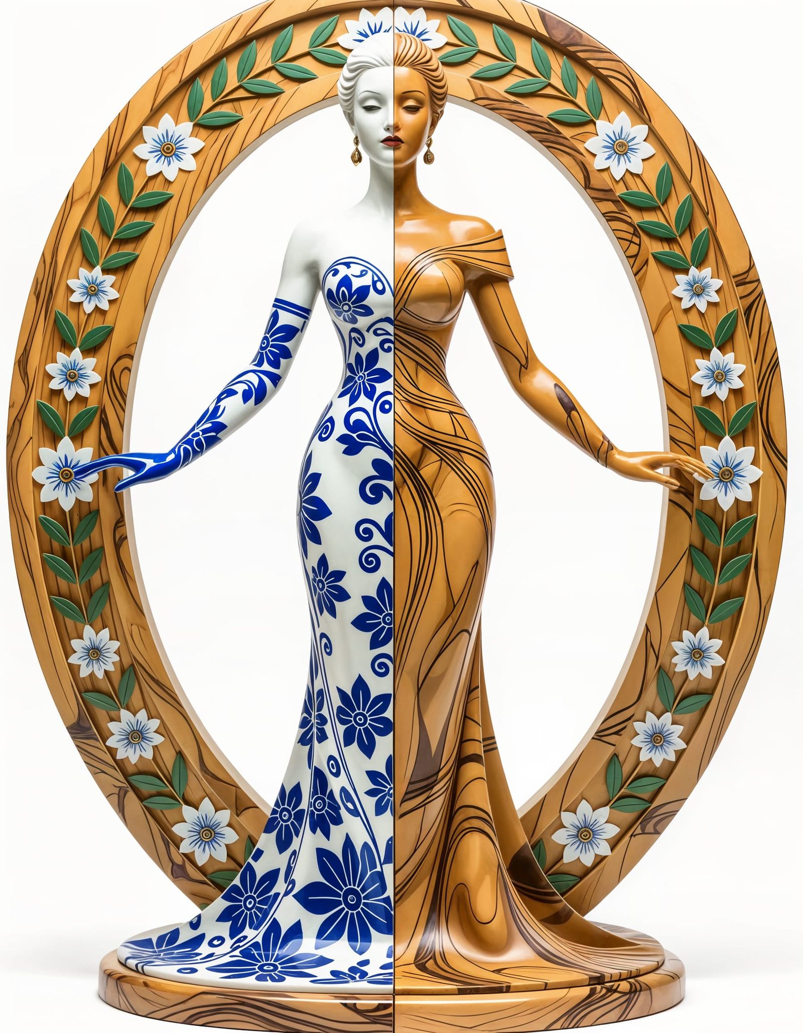 Futuristic Sculpture in Delftware and Olive Wood