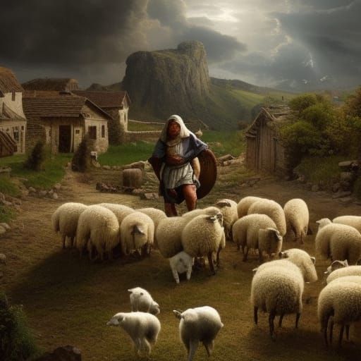 Medieval Shepherd Surrounded by Flock in Breathtaking Digita...