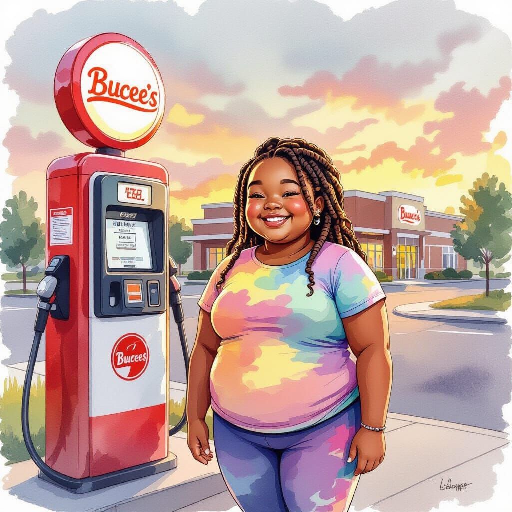 Happy Girl at Buc-ee's Gas Station in Watercolor Style