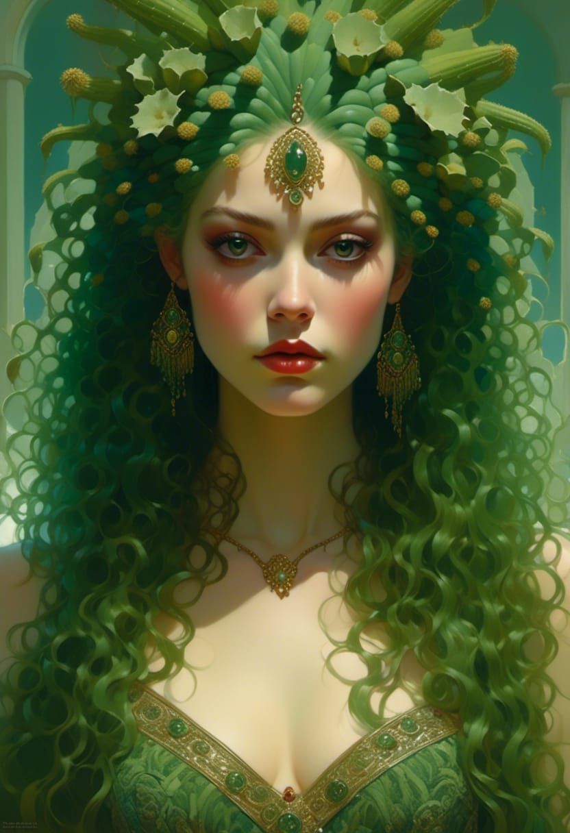 Dryad Portrait with Cactus, Hyperrealistic Digital Art