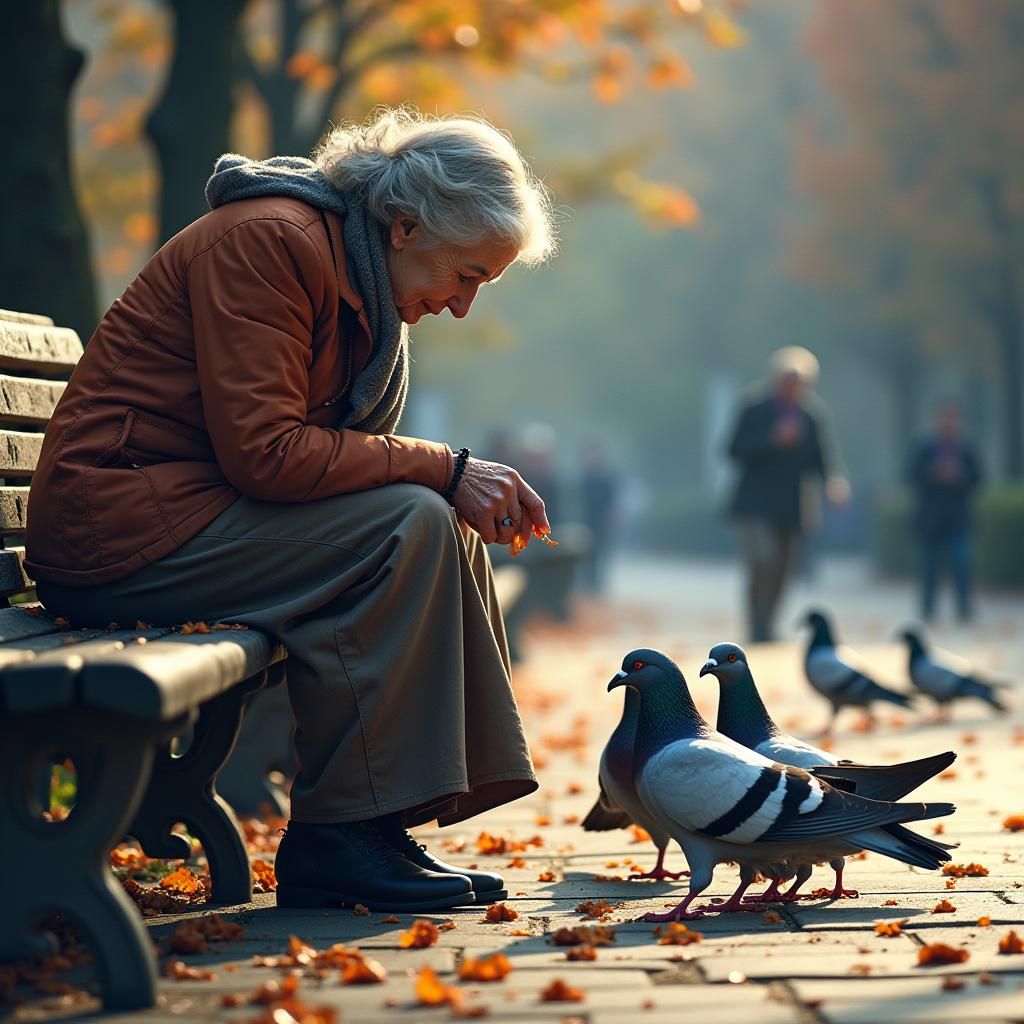 Hyperrealistic Image of Woman Feeding Pigeons