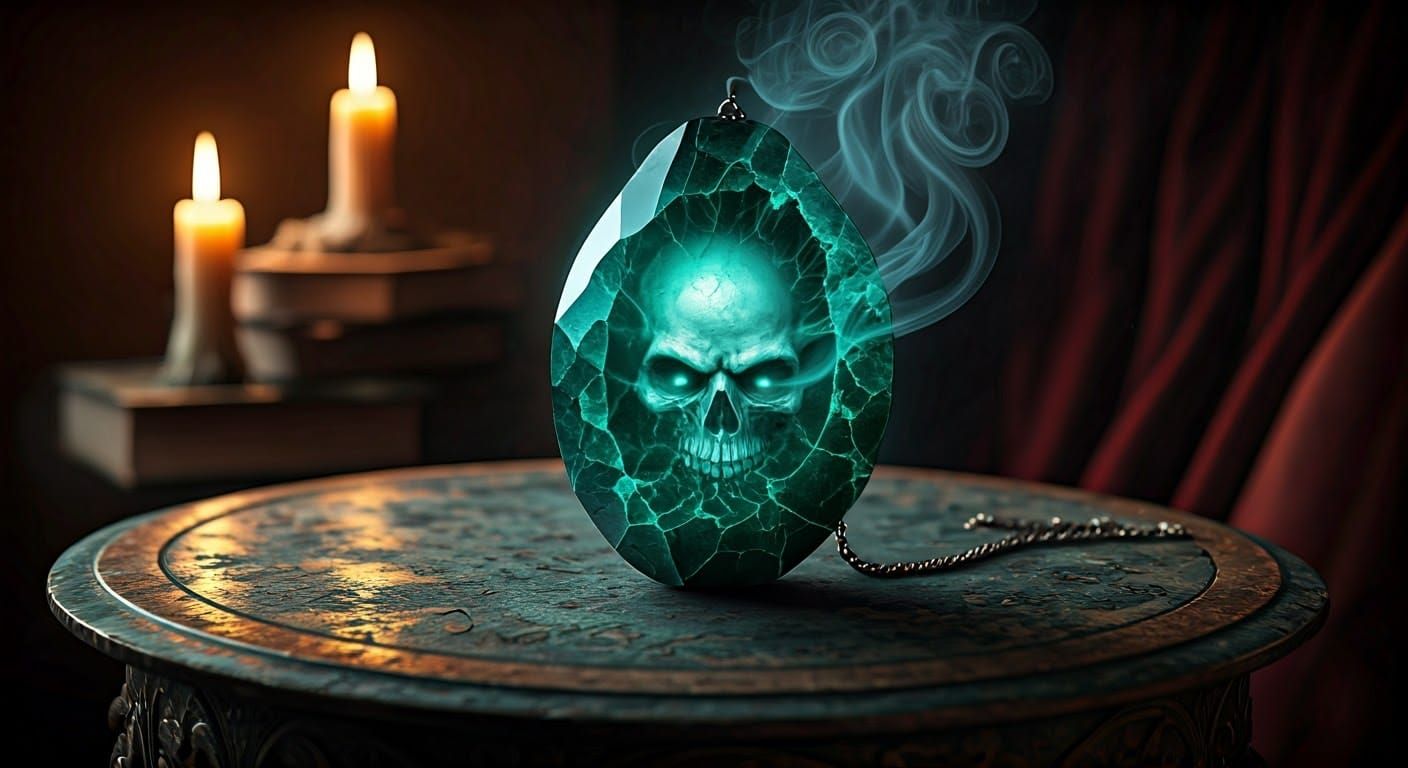 Ethereal Skull Apparition Emanates from Antique Emerald Neck...