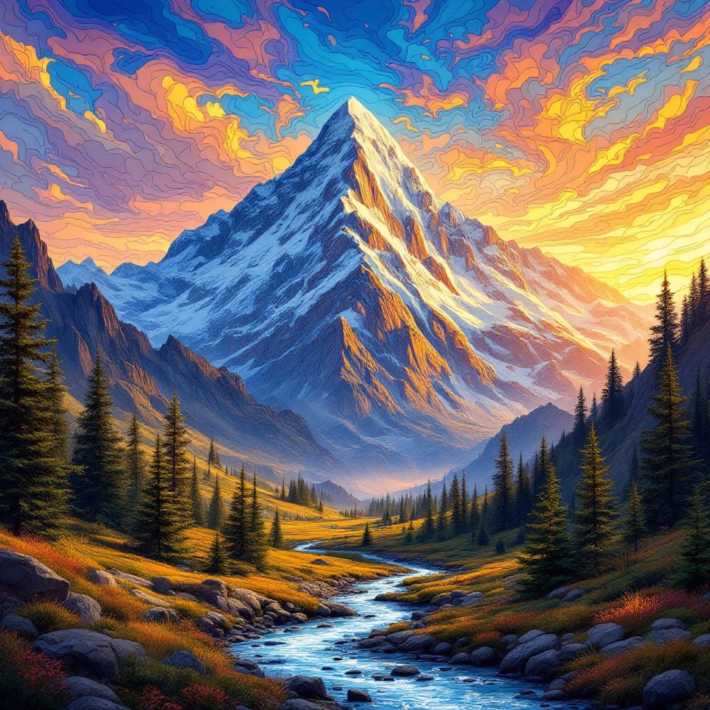 Stained Glass Mountain Range Panoramic Landscape