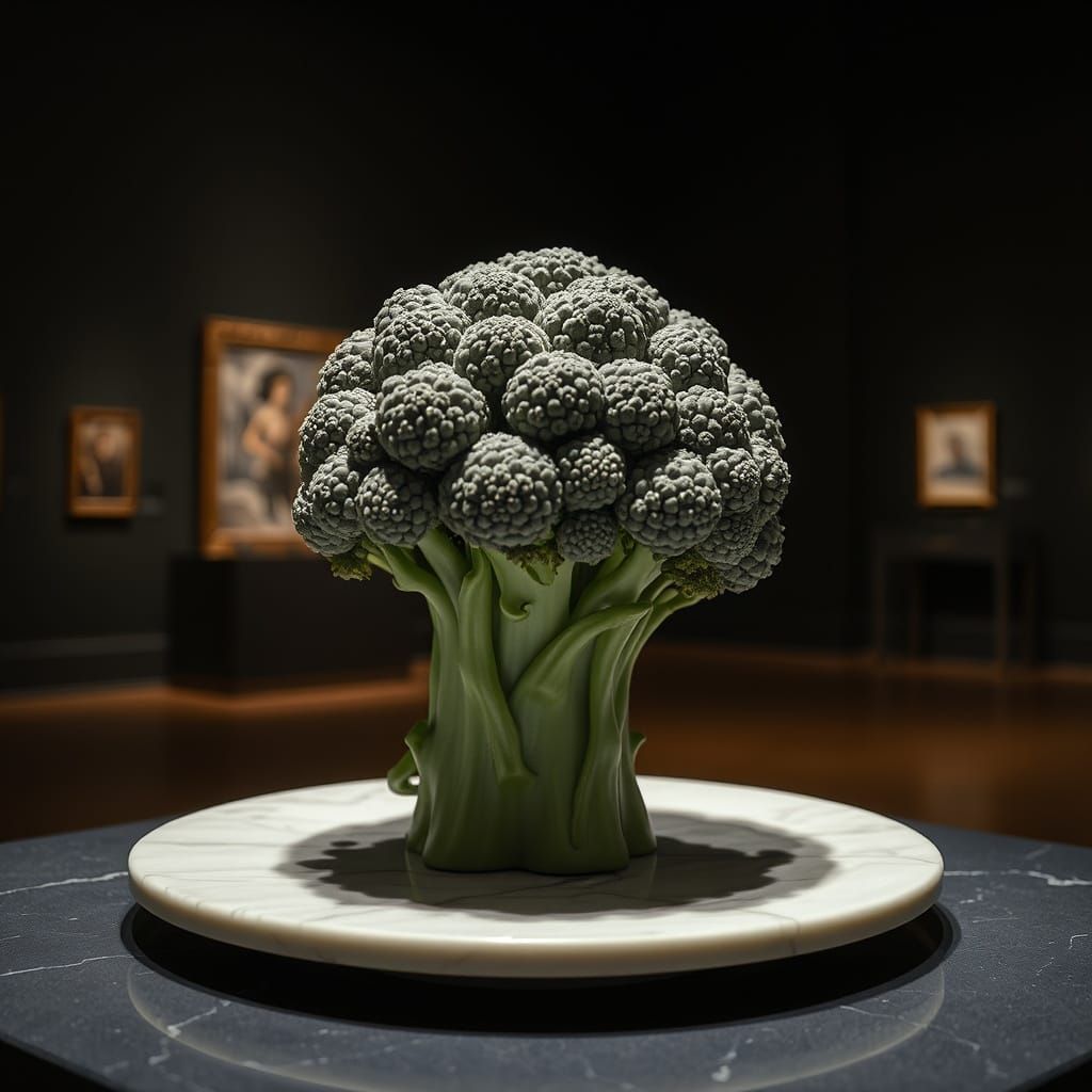 Surreal Broccoli Sculpture in Museum Setting