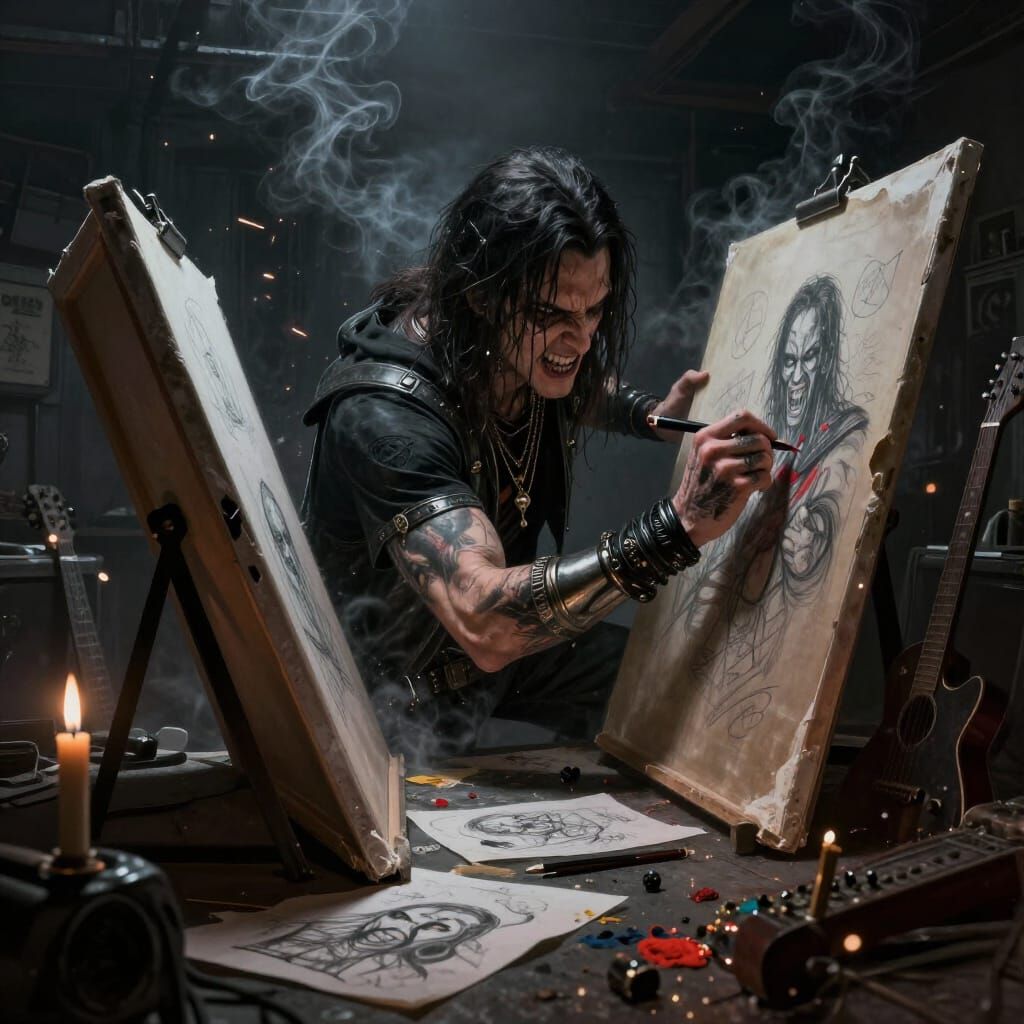 Metal Musician Designs Album Cover in Gritty Studio