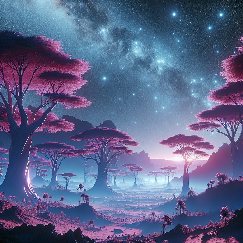 Surreal Pink Trees in Extraterrestrial Landscape