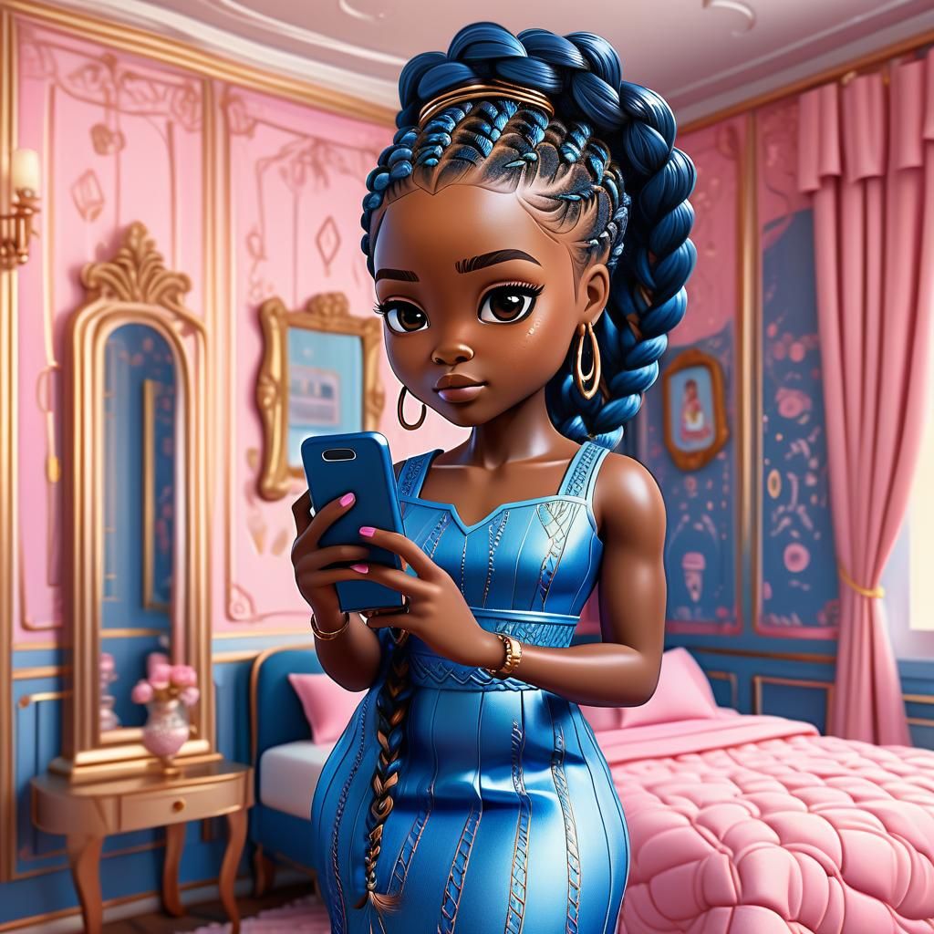 A chibi-style African-American woman with long, voluminous b...