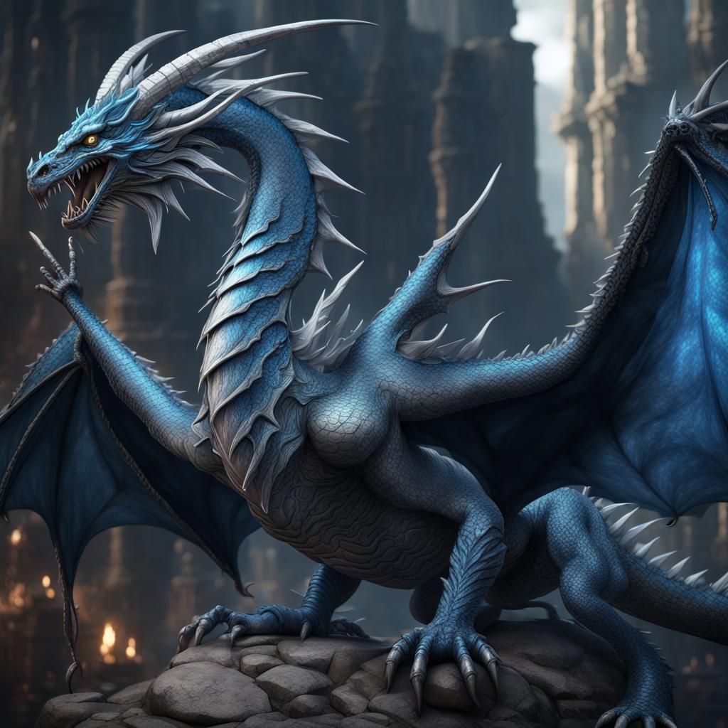 Blue and Silver Glaucus Dragon in Detailed Matte Painting