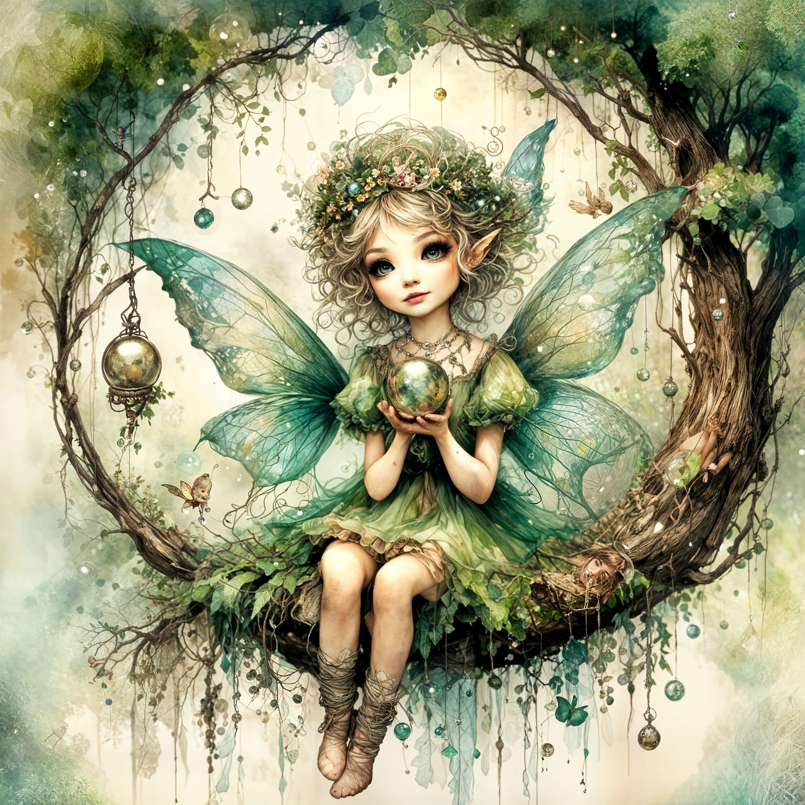 Cute Pixie on Tree Swing in Watercolor Style