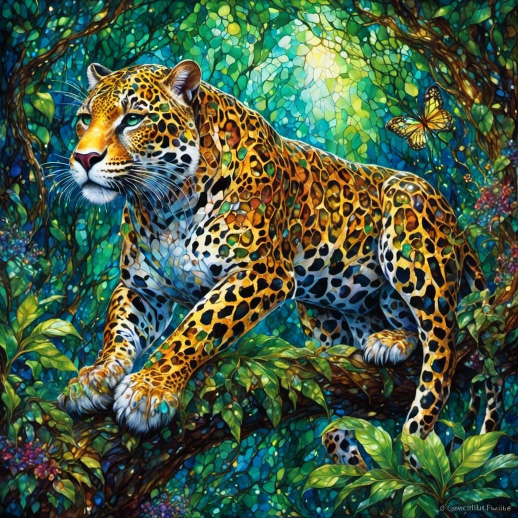 Stained Glass Jaguar Leaping in Jungle