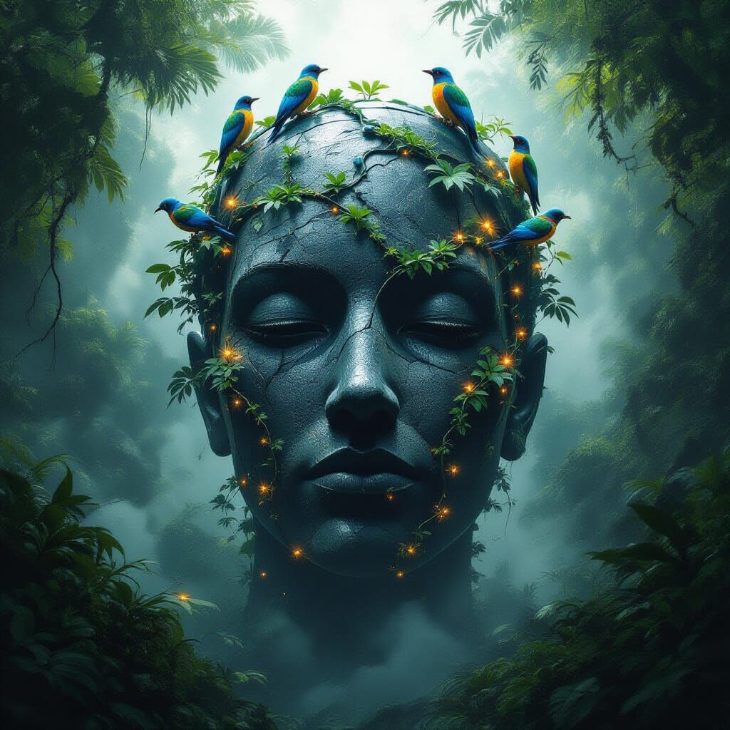 Colossal Obsidian Head Sculpture in Misty Jungle