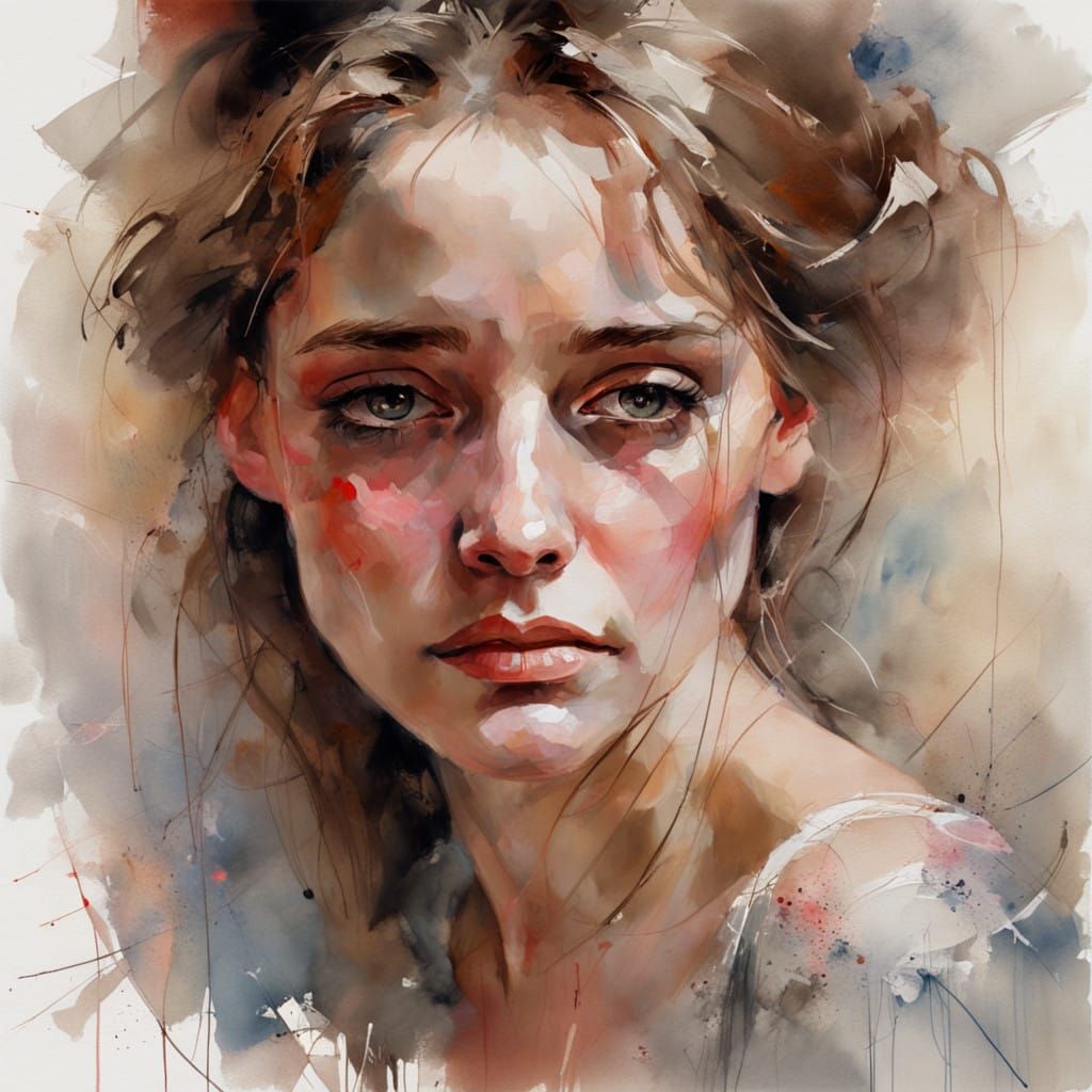 Tearful Woman with Broken Heart in Needlework Style