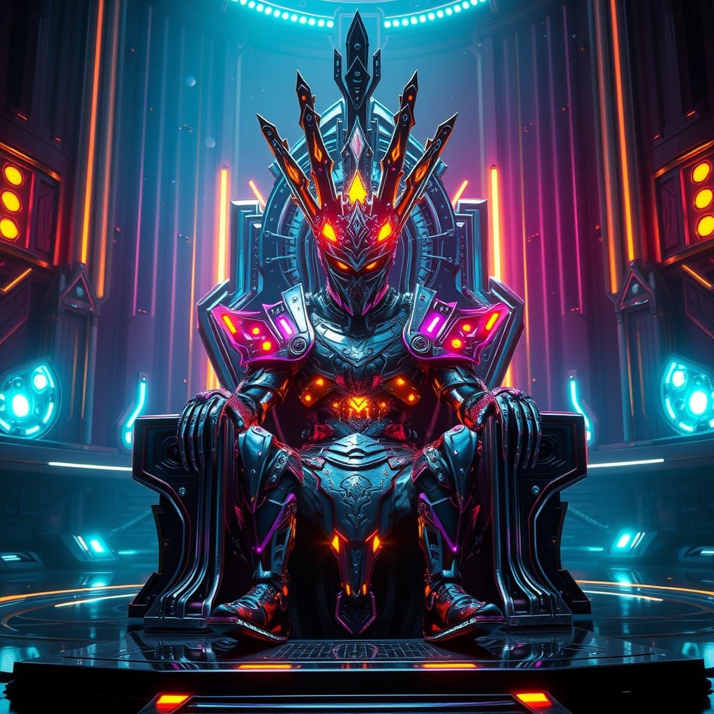 Futuristic Ruler in Cyberpunk Throne Room