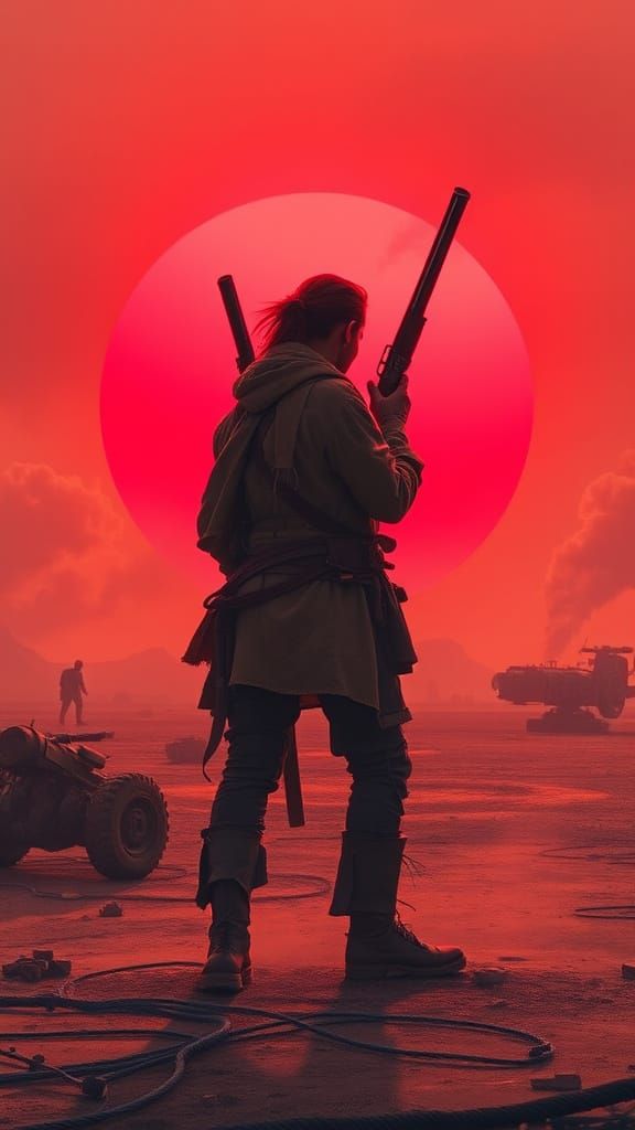 Dystopian Silhouette on Windswept Plain