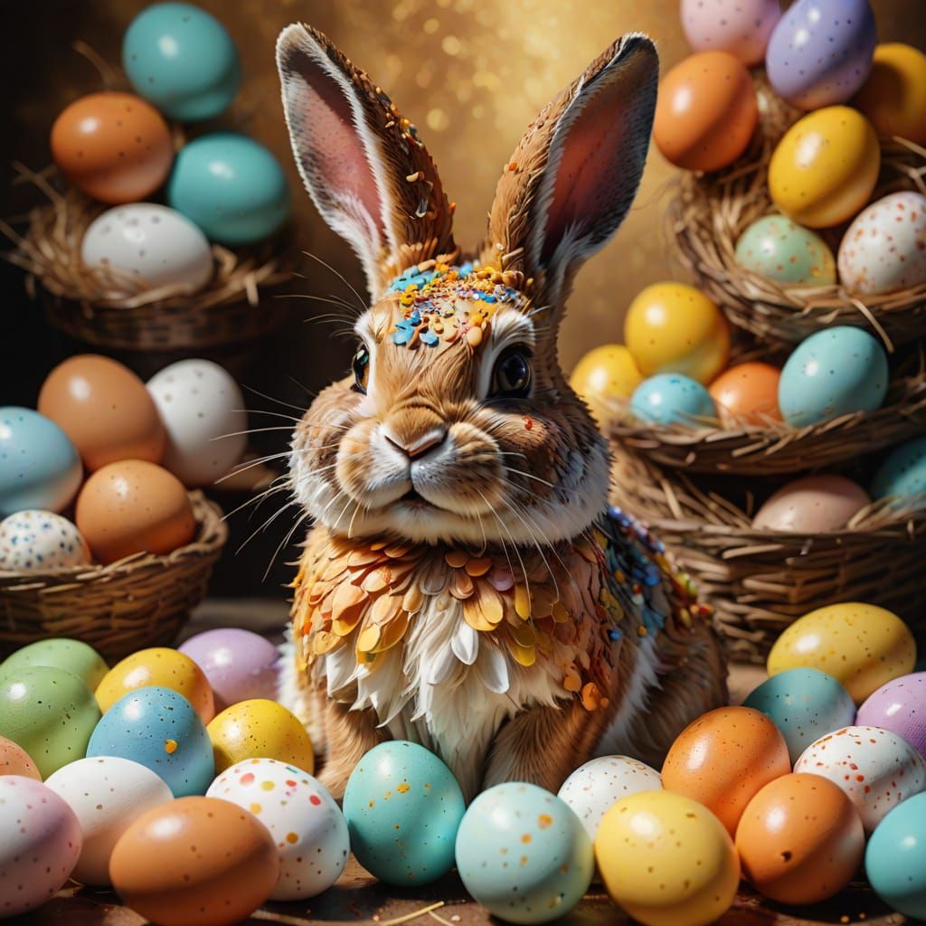 Easter Bunny Surrounded by Decorated Eggs in Vibrant Hyperre...