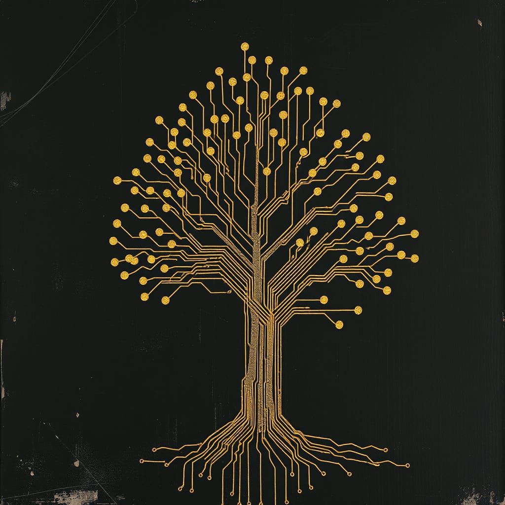 Botanical Circuit Board Tree in Vintage Industrial Style