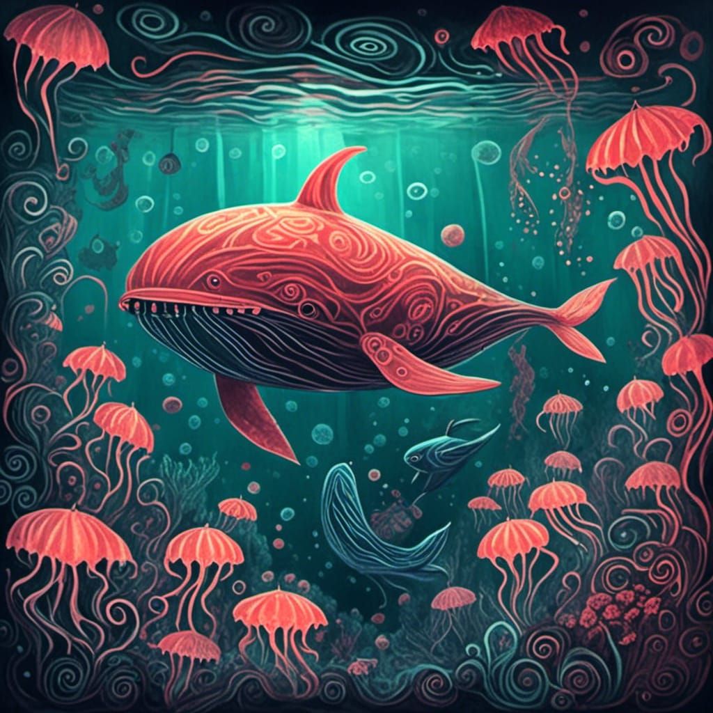 Glowing Glass Whale in Bioluminescent Ocean