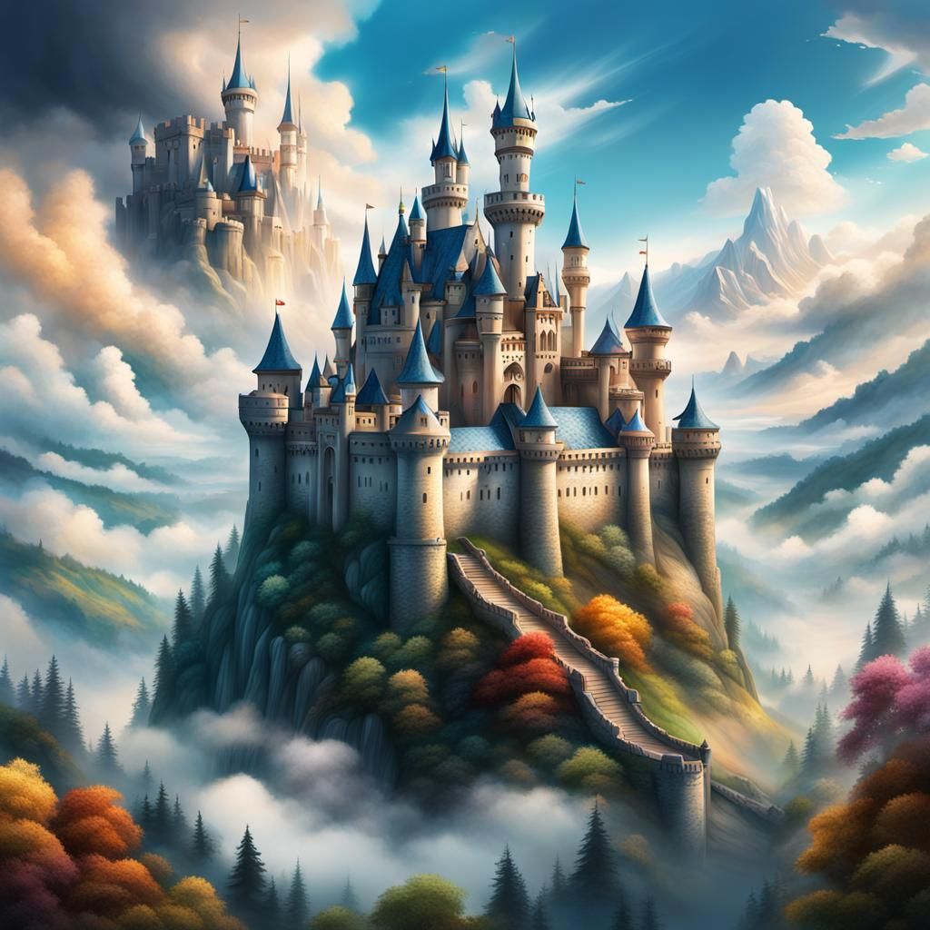 Fairytale Castle in Misty Cloudscape: Hyperrealistic Art