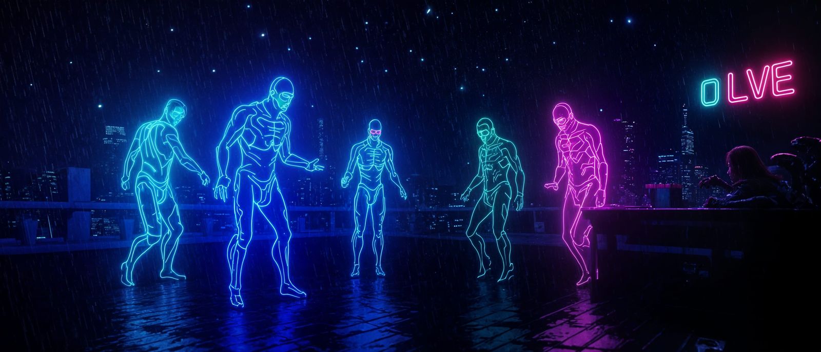 Cyberpunk Rooftop Rave with Dancing Data Ghosts
