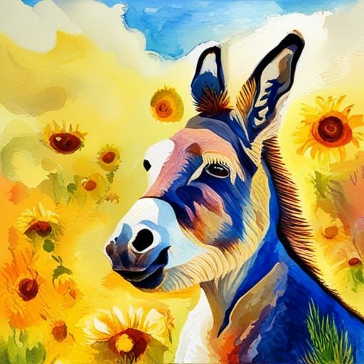 Colorful Donkey in Sunny Landscape: Gouache Impressionism