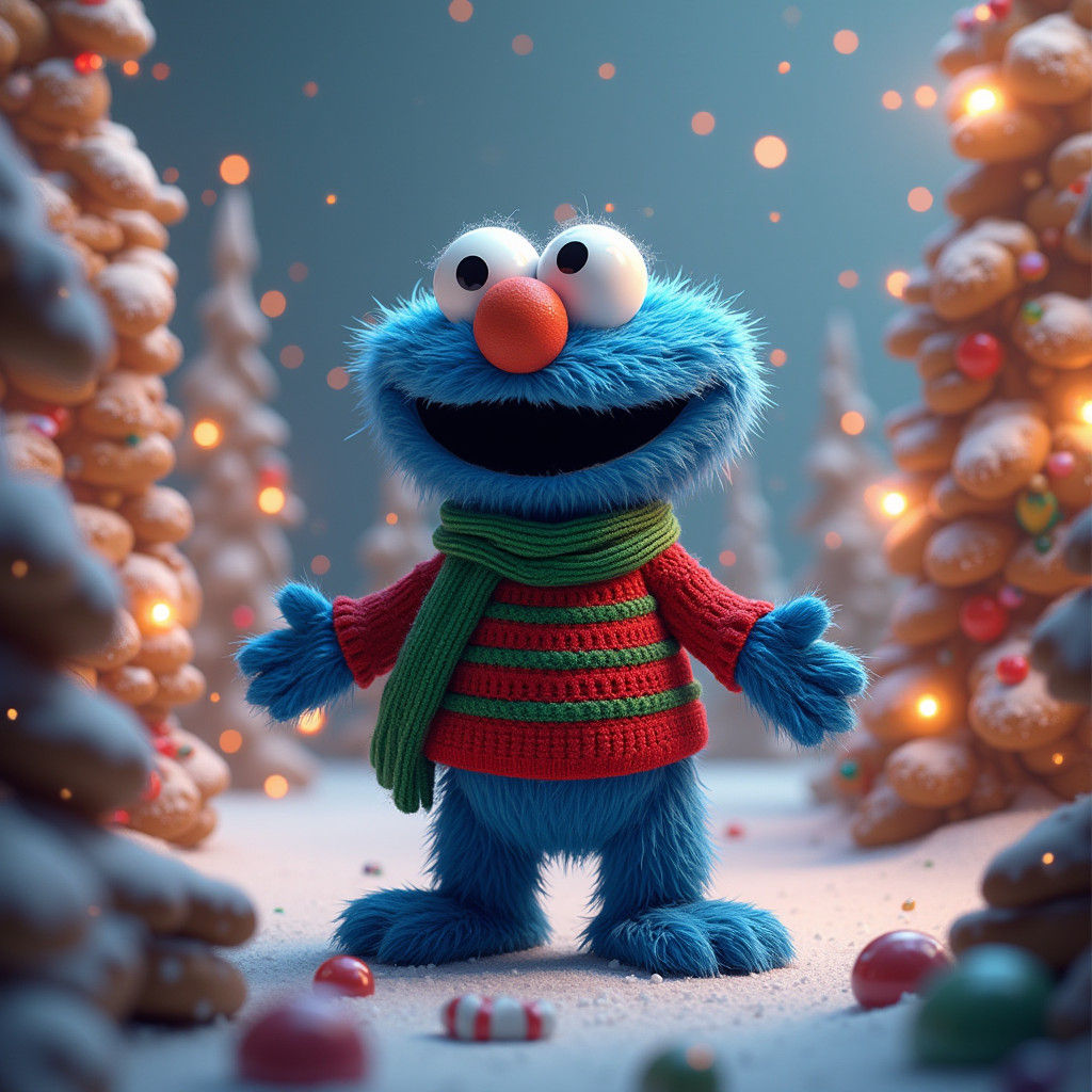 Whimsical Holiday Wonderland with Cookie Monster in Festive....