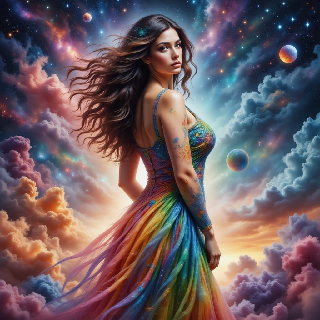 Gorgeous Curvy Woman in a Rainbow-Colored Dress Amidst a Sta...