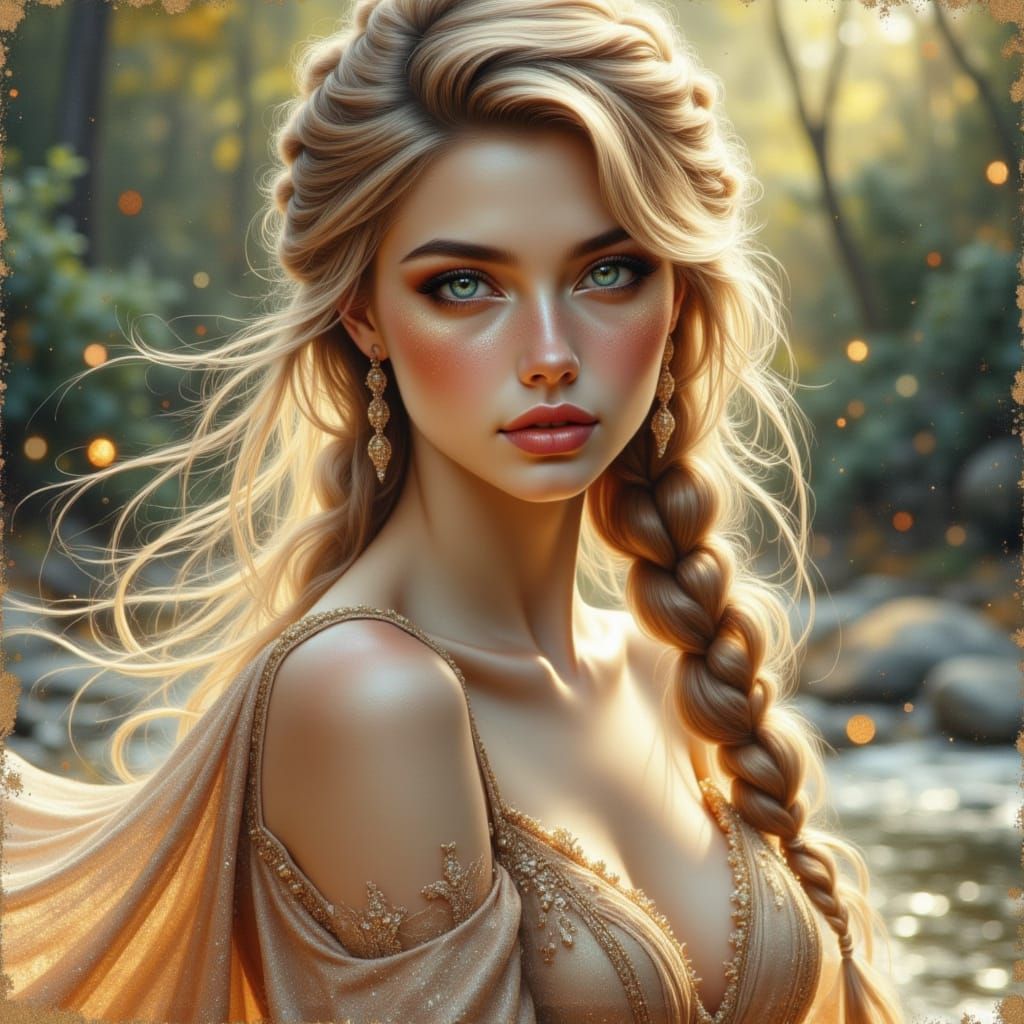 Elegant Woman in Flowing Gown, Pencil and Watercolour Style