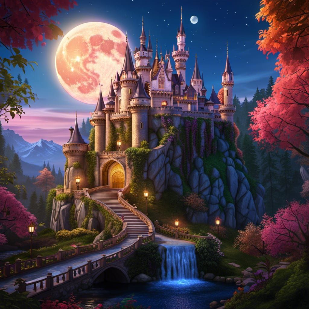 Dreamy Fairytale Castle Under Moonlight, Digital Art