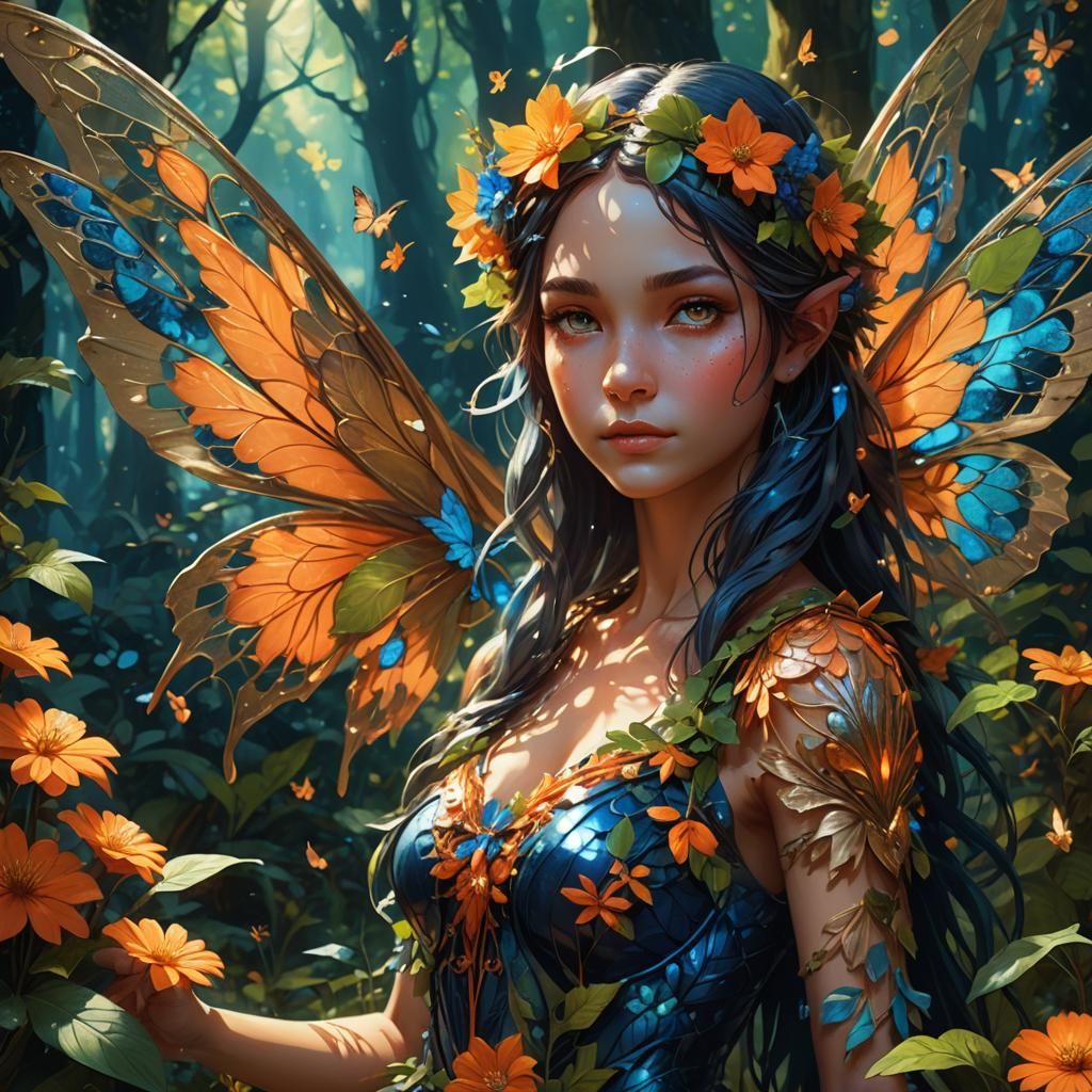 Enchanting Fairy in Forest, Art Nouveau Style