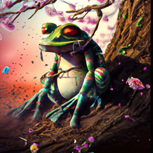 Chibi Frog Portrait Under Sakura Tree in Digital Art