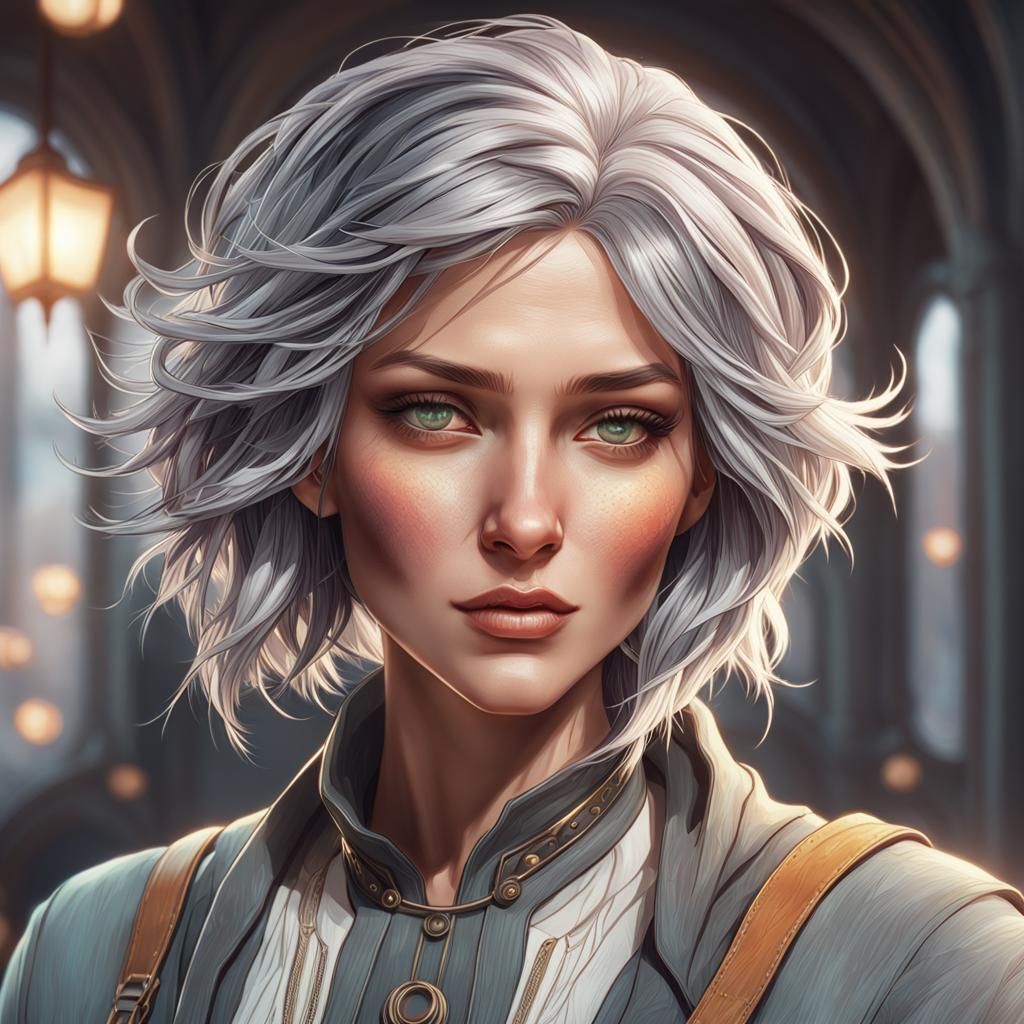 Grey-Haired Woman Portrait in Art Nouveau Style
