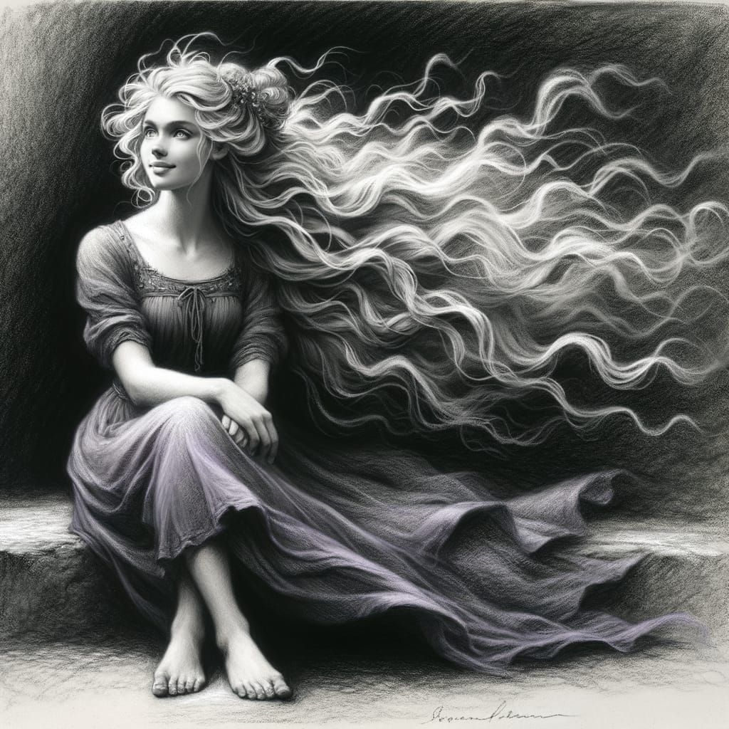 Enchanting Norse Goddess in Gothic Romantic Charcoal Drawing