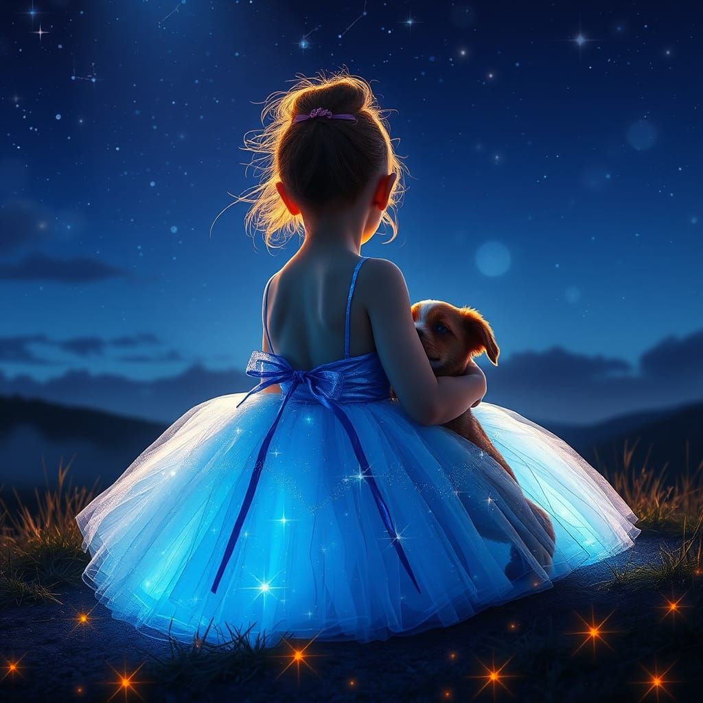 Sparkly Hilltop Scene with Girl and Puppy