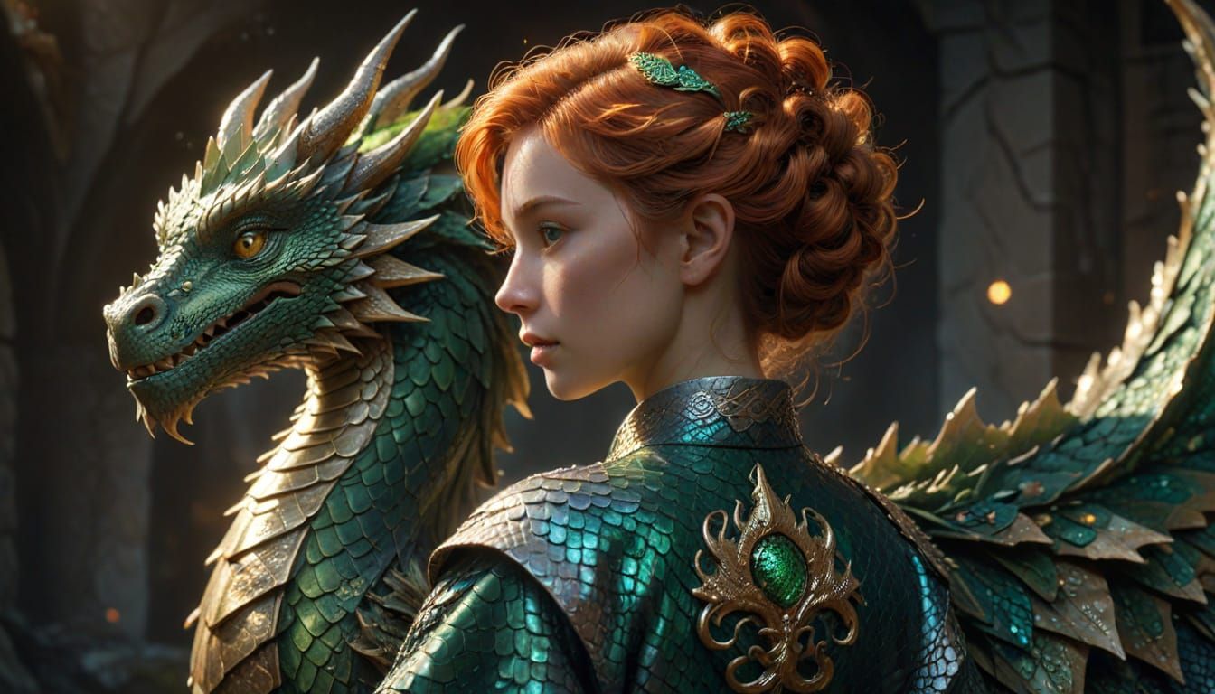 Whimsical Fantasy Portrait of Beatrix and a Majestic Green D...