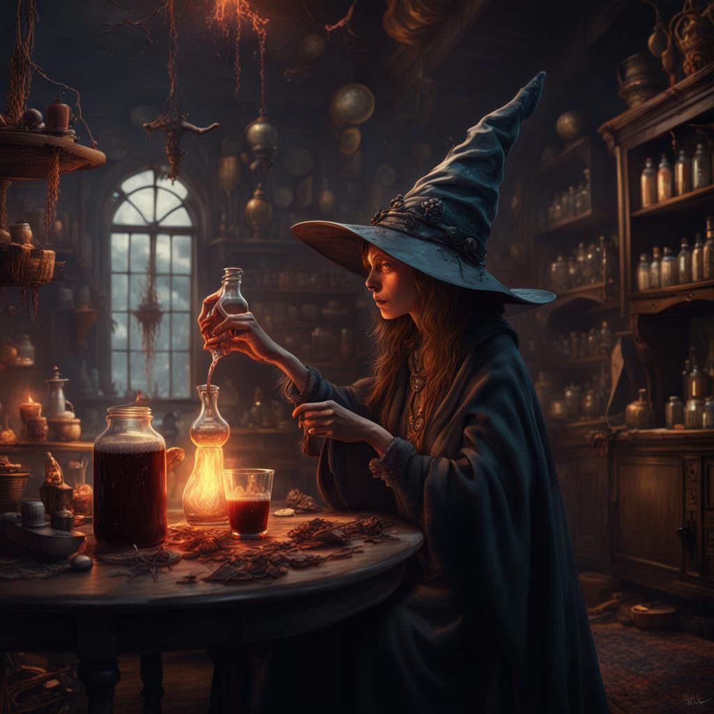 Dramatic Witch Brews Youth Potion in Digital Painting