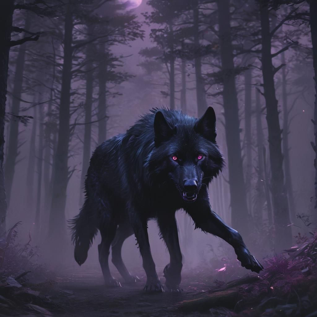 Mystical Black Wolf Emerging from Dark Forest