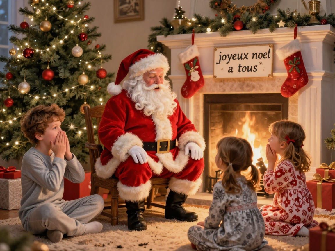 Santa Surprises Children in Fireplace, Classic Illustration ...