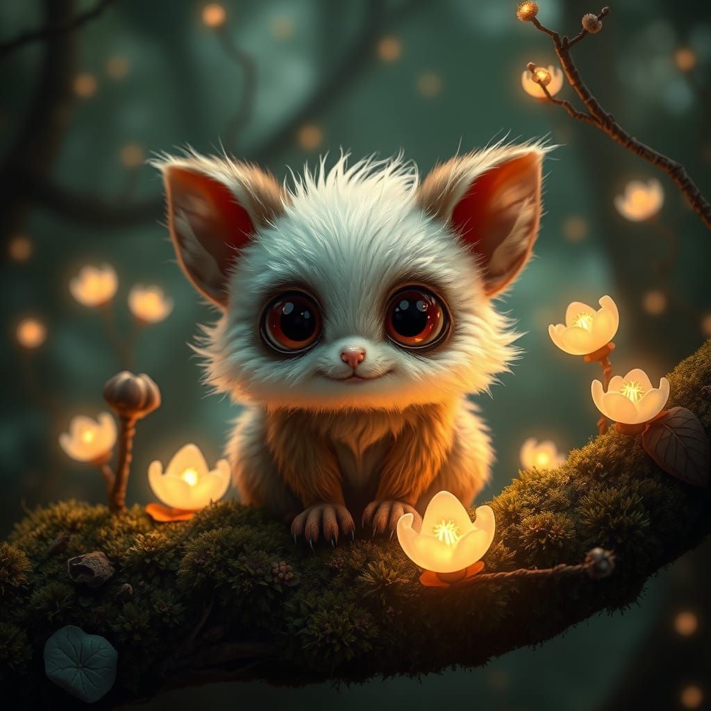Cute Fluffy Creature in Enchanted Forest, Ethereal Light
