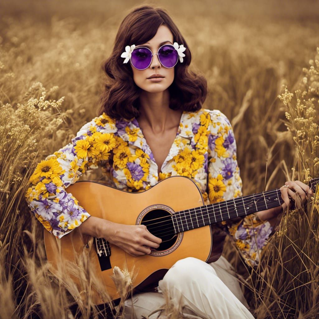 60s Hippie Woman with Flowers and Guitar