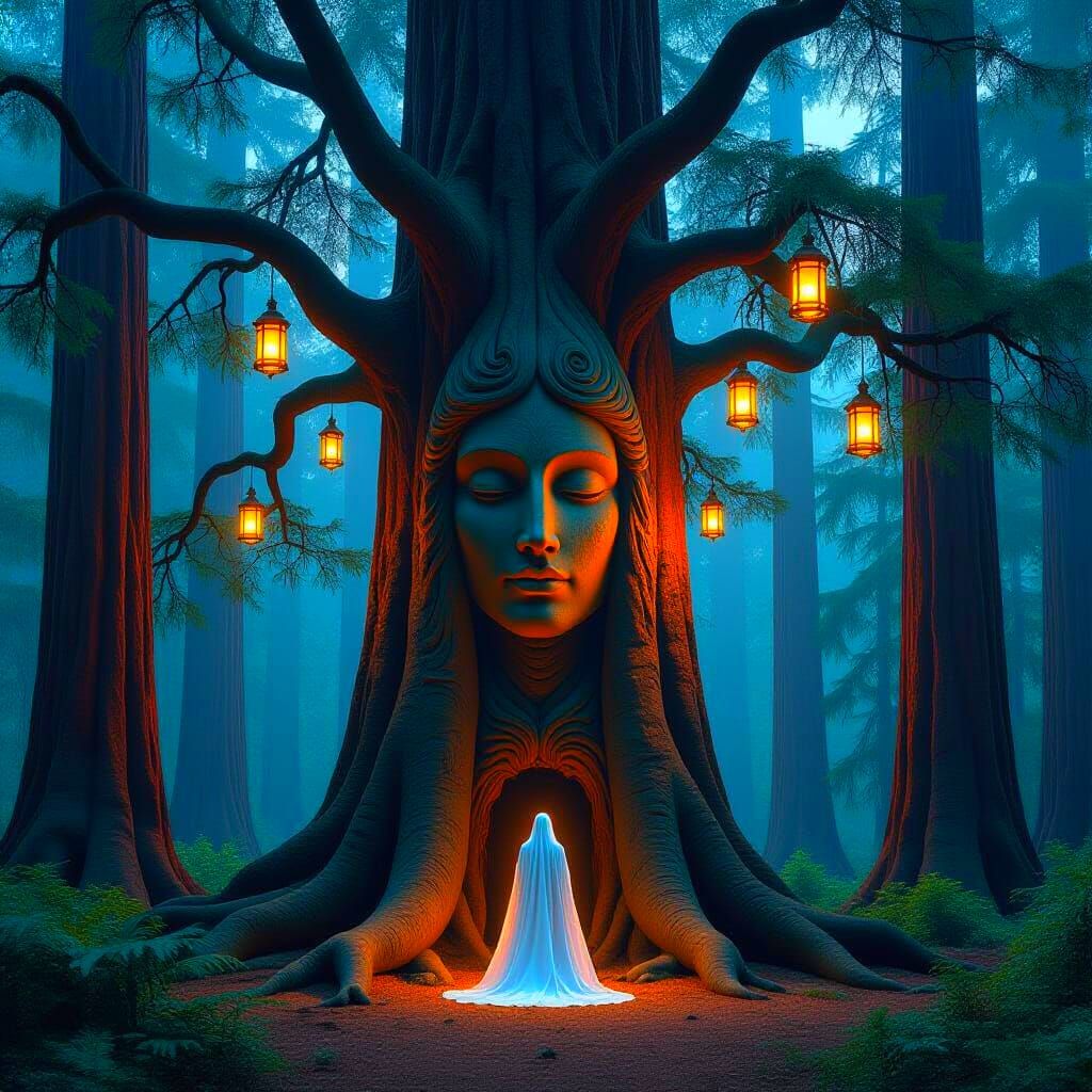 Colossal Tree with Lanterns in Bierstadt Style