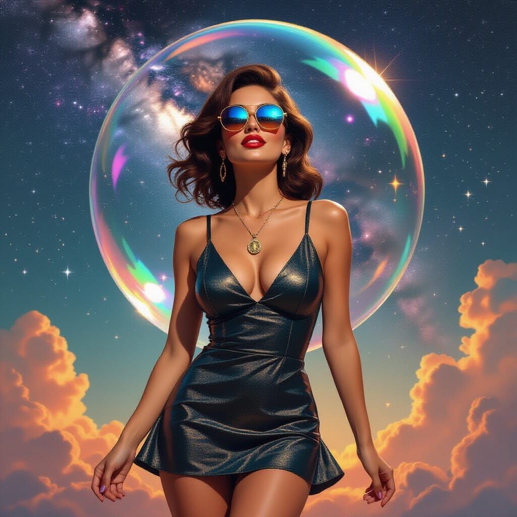 Woman in Mini Dress with Cosmic Backdrop, Retro Comic Style