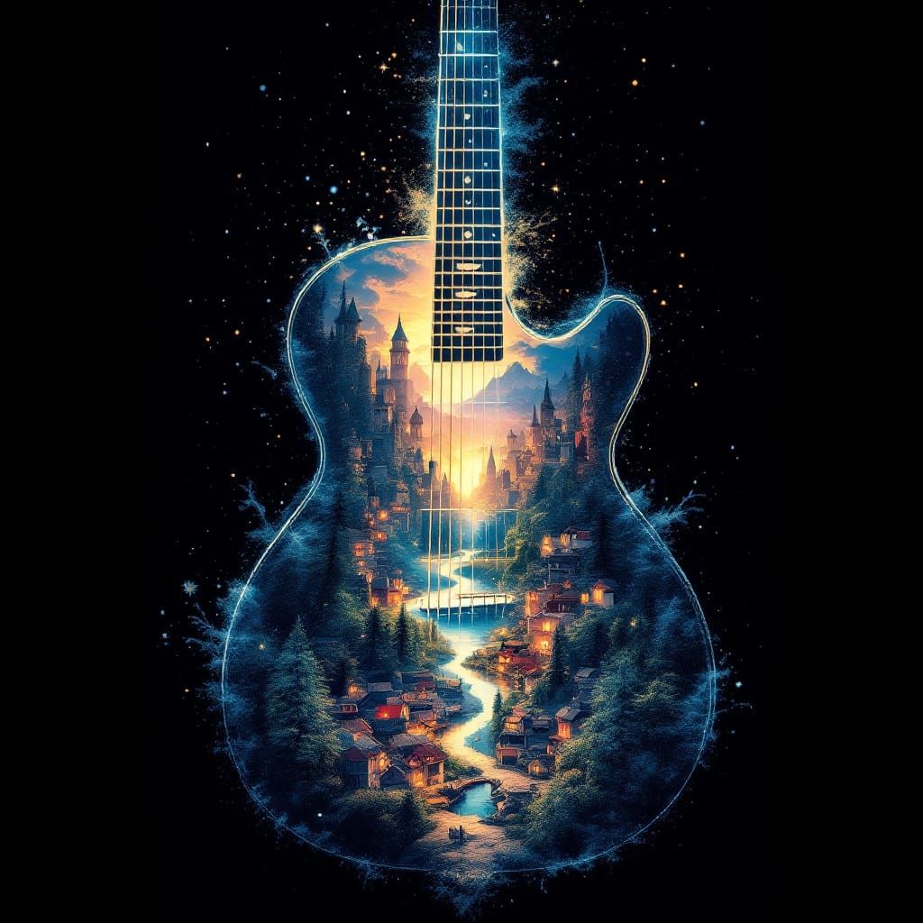 Village Within a Guitar: Fantastical Matte Painting