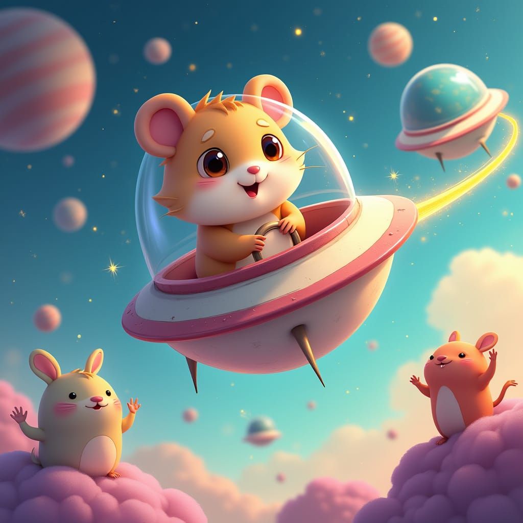 Hamster Pilot in Pastel Galaxy - Studio Ghibli & Pixar Style
