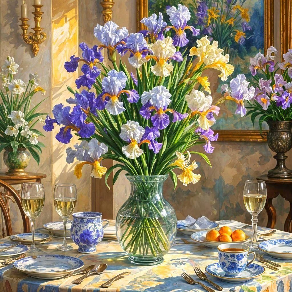 Iris Flowers in Gouache Impressionist Style