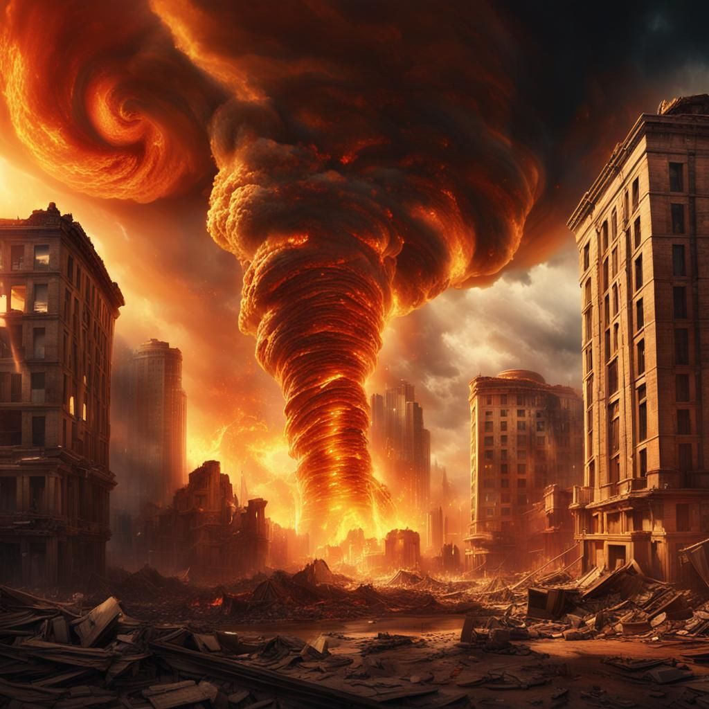 Colossal Fire Tornado Ravages City in Digital Painting