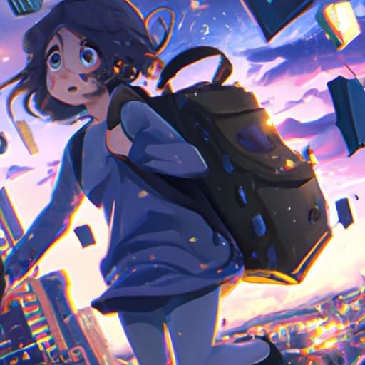 Cute Girl Flying Over Cityscape in Ghibli Style